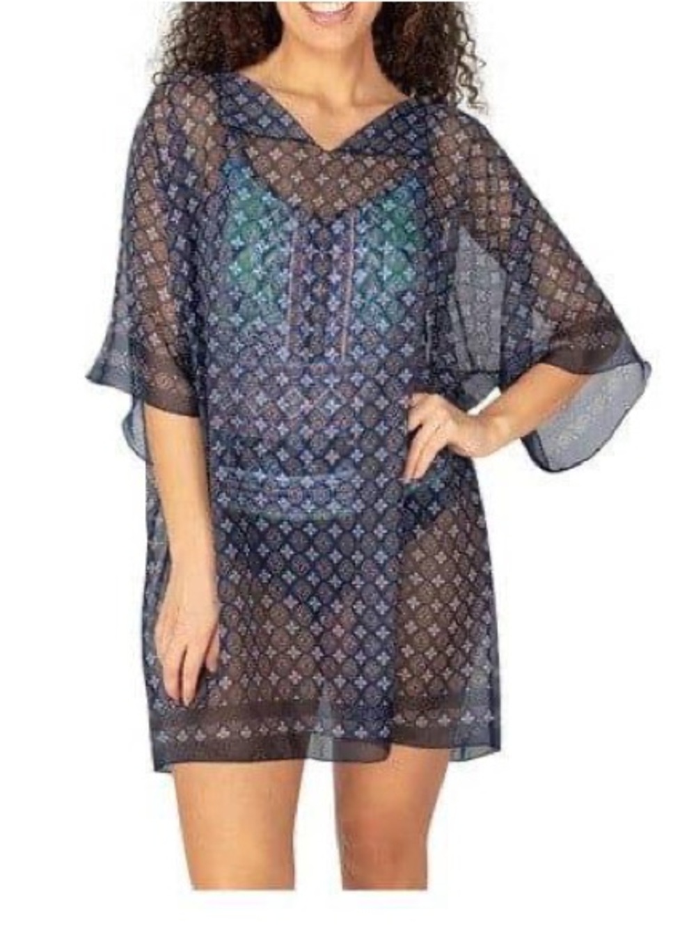 Boho Kaftan Sheer Navy Geometric Swim Cover-Up Tunic